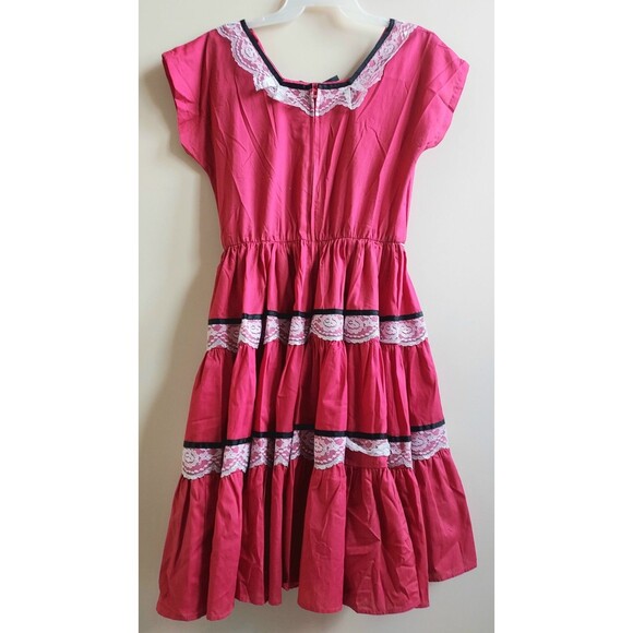 Vintage 70s Ladies Fusia Ruffles & Lace SS Square Dance Rockabilly Dress Size 14 - Picture 4 of 8